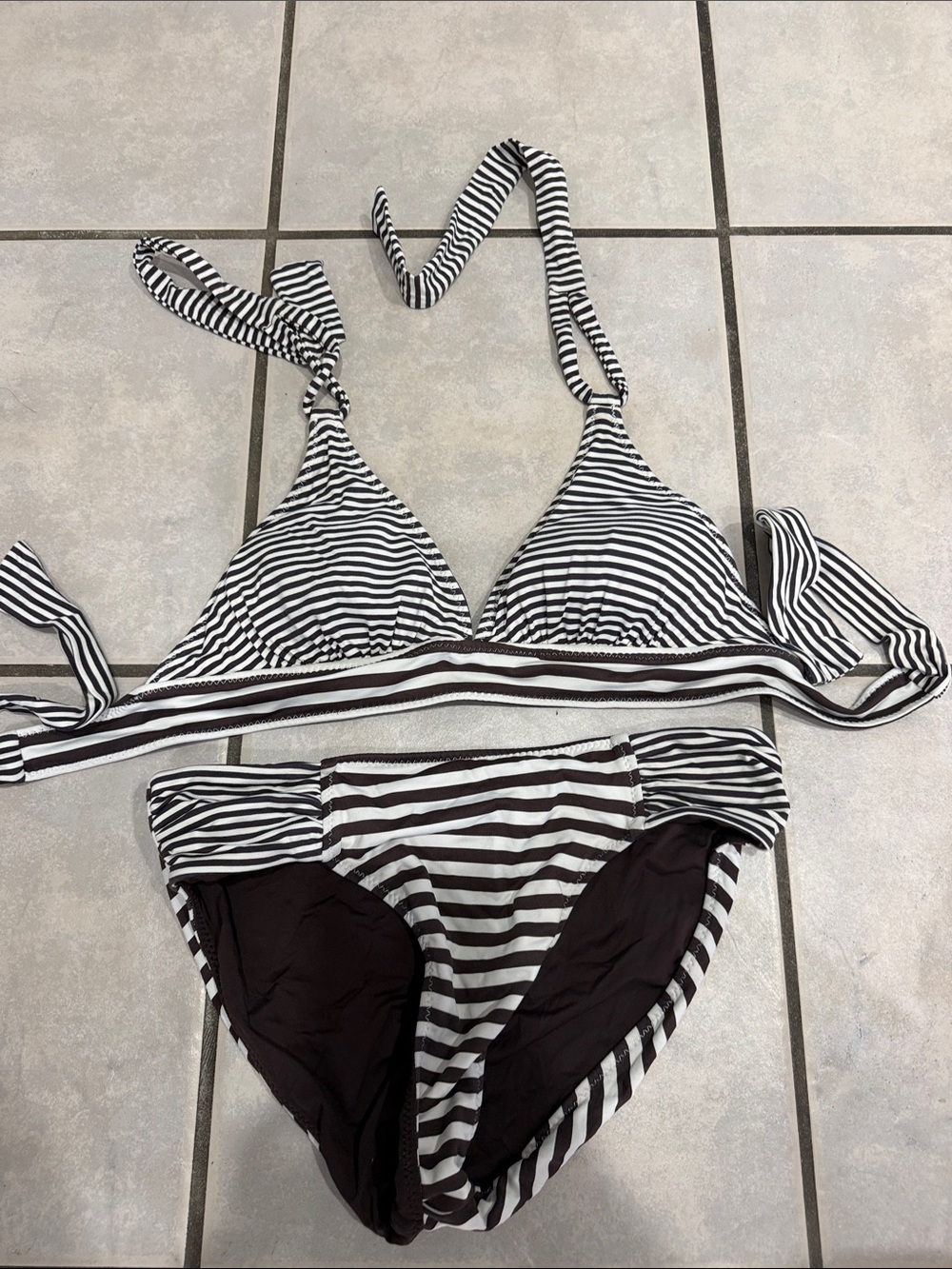 Brown and White Striped Bikini Set